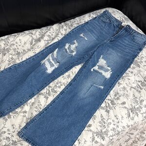 Chic Blue Distressed Wide Leg Jeans